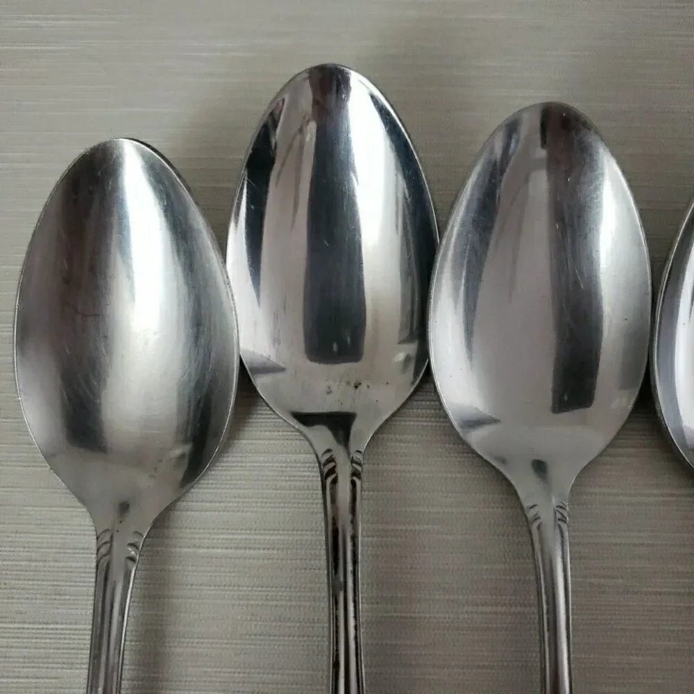 Columbia Stainless Japan 7 Dinner Spoons Flower Tip Beaded Edge Silverware VTG